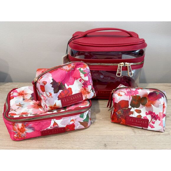 NWT Ted Baker London 4 Four Piece Travel Toiletry Cosmetic Case Set Red Floral - Picture 3 of 10